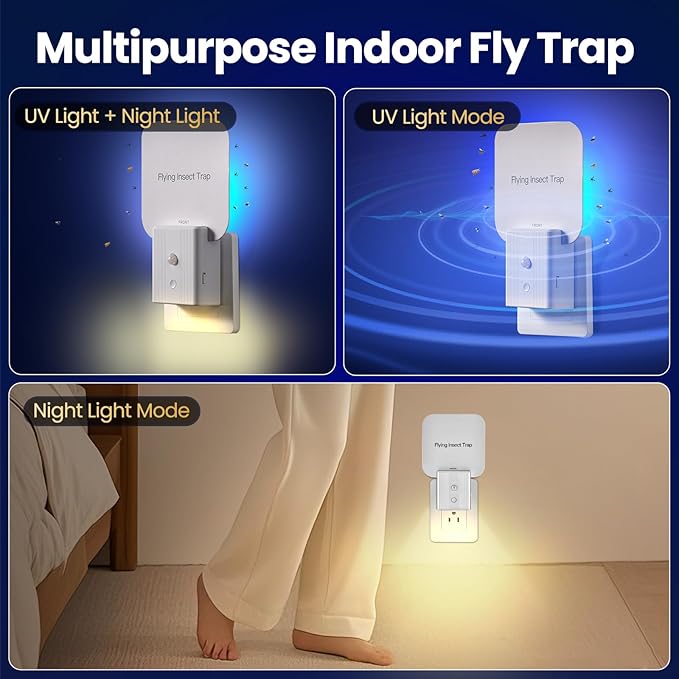 Fly Trap Indoor, 2 in 1 Plug in Fruit Fly Traps for Indoors with Auto Night Light Gnat Traps for House Indoor Flying Insect Trap for Fruit Flies Moths Mosquito (2 Device + 10 Glue Cards)