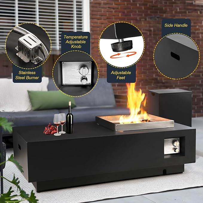 48" Modern Steel Fire Pit Table Set – Low-Profile Propane Gas Fire Table with Tank Cover, 50,000 BTU, for Contemporary Patios & Decks