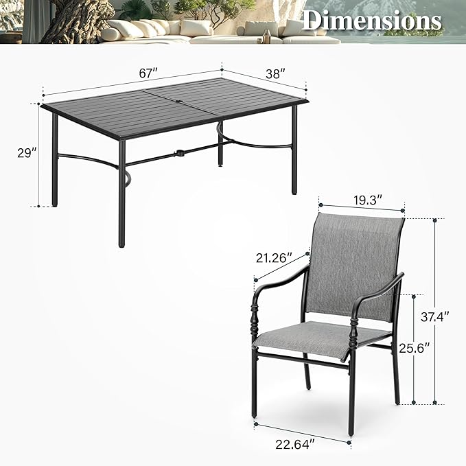 HERA'S HOUSE Patio Table and Chairs for 6, Outdoor Dining Set 7 Pieces, 67" Rectangle Metal Table with Elegant Armrest Chairs for Garden Backyard
