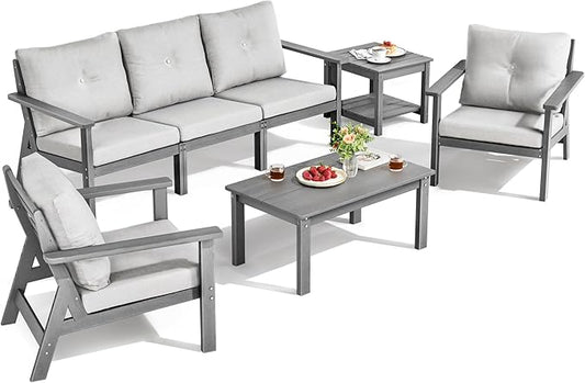 7-Piece HDPE Patio Furniture Set, All Weather Outdoor Couch with Thick Cushions, Wood Grain Outdoor Sectional with 2 Elegant Coffee Table, Durable Patio Conversation Sets for Balcony, Porch, Gray