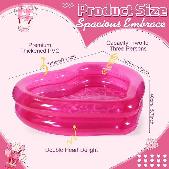 Skylety Giant Heart Inflatable Swimming Pool, Year-Round Fun for Ball Pits, Fits 2-3 Adults with Patches, Swimming Pools, a Summer Pool Party and The Beach Date Night(Pink)