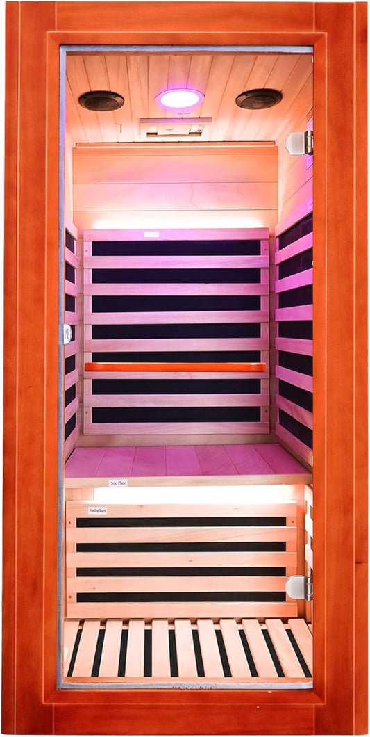 One/Single Person Sauna Room Far Infrared Oguman Wood Saunas Room with Red Light Therapy Home Wood Spa Dry 120V/ 1080W Saunas Spa Beauty of Natural Wood 31.5”x31.5"x63" Light Brown