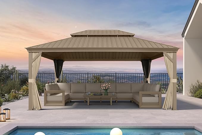 PURPLE LEAF Outdoor Gazebo 13'X17'，Champagne Hardtop Gazebo with Galvanized Steel Double Roof, Permanent Patio Gazebo with Curtains and Netting for Patio Lawn Garden and Deck