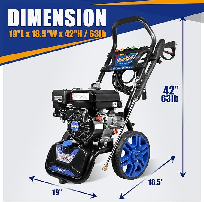 TOOLCY 3400 PSI & 2.8 GPM Gas Powered Pressure Washer with Onboard Soap Tank, Power Washer for Cleaning Cars Homes Patios Fences Driveways, Spray Gun, 5 Nozzles