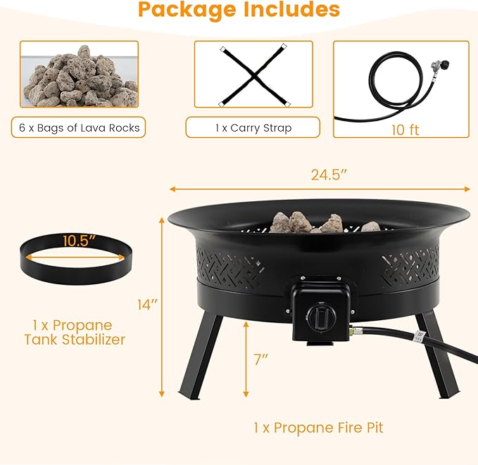 Tangkula Portable Propane Fire Pit, 24.5 Inch 58,000 BTU Smokeless Fire Bowl with Carry Strap, Lid & Folding Legs, Tank Base Holder, Outdoor Gas Fire Pit for Camping Patio Backyard