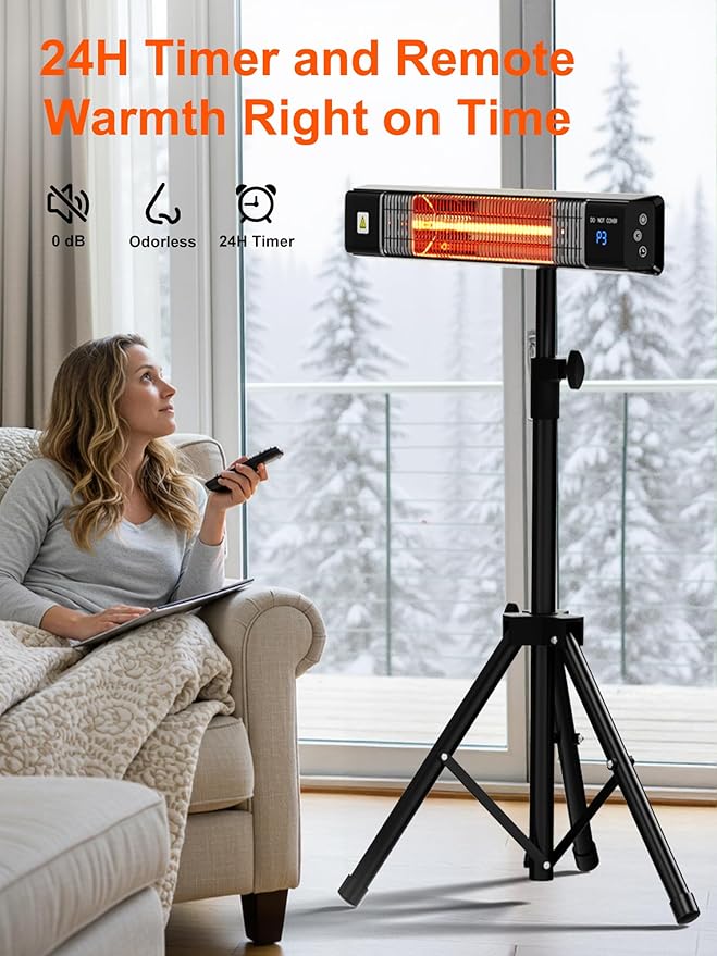 Uthfy Outdoor Electric Heater, 1500W Waterproof Patio Heater with Tripod Stand, Remote, 24 H Timer, Indoor Safety Wall Mounted Infrared Heater for Garage, Yard, Deck, Bedroom, Restaurant