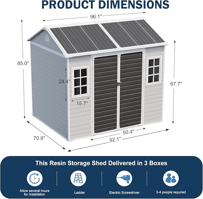 CDCASA 8x6 FT Resin Storage Shed, Waterproof Large Outdoor Sheds with Floor & 2 Adjustable Openable Windows Included, Outside Plastic Tool Shed for Backyard Patio Poolside Garden Lawn