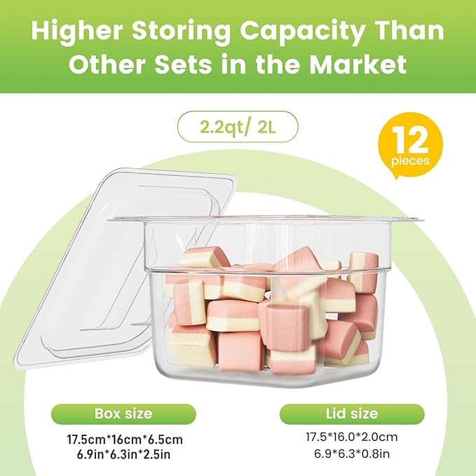 Plastic Clear Food Pan 1/6 Size Stackable Polycarbonate Pan with Capacity Indicator Restaurant Commercial Hotel Pans for Fruits Vegetables Beans Corns (12 PCS, 2.5'' Deep)