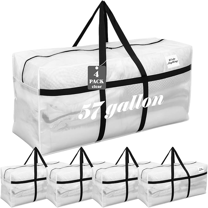 Windyun 4 Pack 57 Gallon Extra Large Storage Bags XXL Moving Bags with Zipper Handle Heavy Duty Jumbo Big Tote Box for Christmas Tree Storage 4, 5, 7.5, 9, 10, 12 ft Skeleton College Dorm(Transparent)