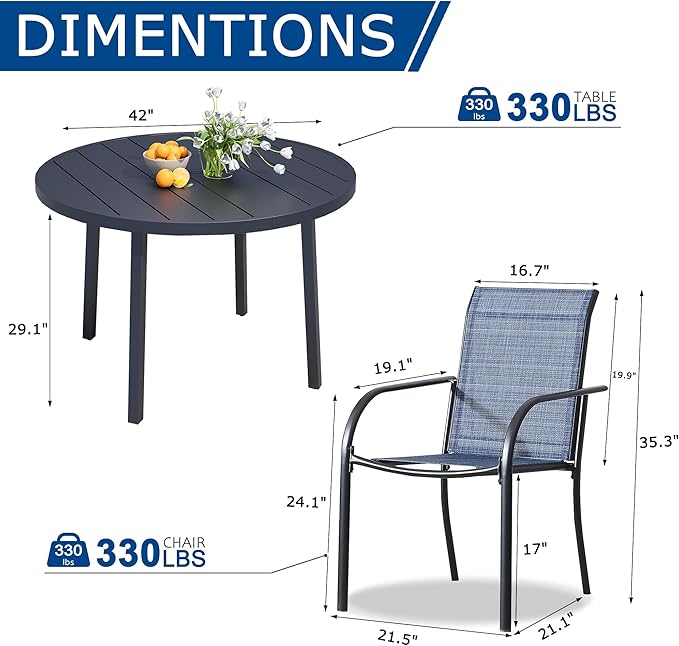 5 Pieces Patio Dining Set for 4, Blue Patio Stackable Chairs and Black Round Table Set of 4, Outdoor Furniture Set with Sling Support for Outside, Garden