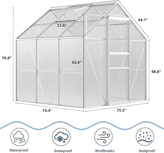 GarveeHome 6 x 6 FT Polycarbonate Greenhouse, Winter Greenhouses for Outdoors with Aluminum Frame, Sliding Door, Adjustable Roof Vent, Backyard Green Houses, Patio Garden, Silver
