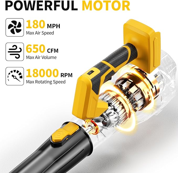 FULLYEA Cordless Leaf Blower 650 CFM, 6 Speed Modes, Electric Leaf Blower Cordless with 3 Tubes & 2x4.0Ah Batteries, 21V Battery Powered Leaf Blowers for Patio, Yard, Garage Cleaning (Yellow)