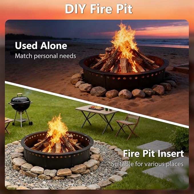 36 Inch Fire Pit Ring Smokeless, 40'' Outer Wood Burning Bonfire, Heavy Duty Solid Steel Round Fireplace, Rust-Proof, DIY Campfire Ring, Outdoor Above or In-Ground, for Patio, Camping, Yard