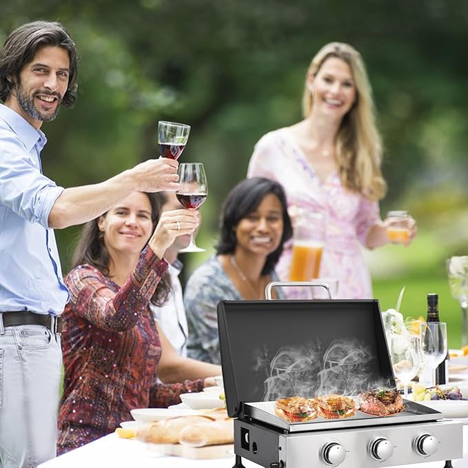 26 inch Tabletop Griddle with Ceramic Coated Cast Iron Plate, 3 Burners Flat Top pan, 28650 BTU Portable Propane Gas BBQ Grill Teppanyaki for Kitchen Outdoor Cooking Barbecue Camping (Griddle)