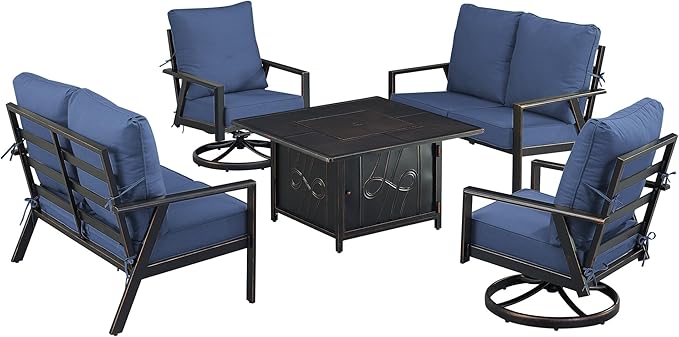 Oakland Living Black Aluminum Patio Fire Table Set with Two Deep Seating Loveseat with Cushions and Two Club Chairs with Blue Cushions