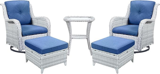 Belord Outdoor Swivel Rocker Furniture 5 Pieces Patio Wicker Furniture Sets, Rattan Patio Swivel Glider Chairs with 2 Ottoman and Glass Side Table