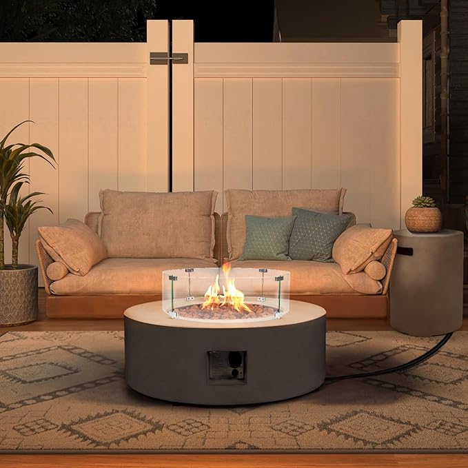 36inch Round Concrete Fire Pit Table with Propane Tank Cover & Wind Guard Shield, 3 Pieces Outdoor Gas Firepit w/Lid, Rain Cover, 50,000 BTU Modren Fire Table for Outside Patio, Backyard