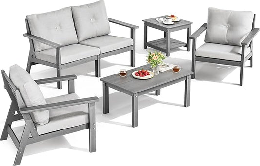 6-Piece HDPE Patio Furniture Set, Wood Grain Long Coffee Table and Small 2-Tier Side Table, All Weather Outdoor Couch with Dust-Free Cushions, Durable Patio Conversation Sets for Balcony, Porch, Gray