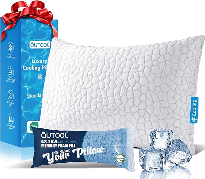 Cooling Adjustable Pillow for Hot Sleeper, Custom Loft Support with Breathable Shredded Memory Foam CertiPUR-US Certified Standard Size Bed Pillow for Side, Back, Stomach Sleeper Gift for Better Sleep