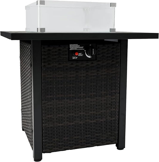 Fire Pit Table 28" Wicker &Rattan Square Propane Outdoor FirePit, Outdoor Gas Fire Pit with Lid, Glass Wind Guard, CSA Listed, 50,000BTU, Gas Fire Table for Patio Garden Backyard Deck, Brown
