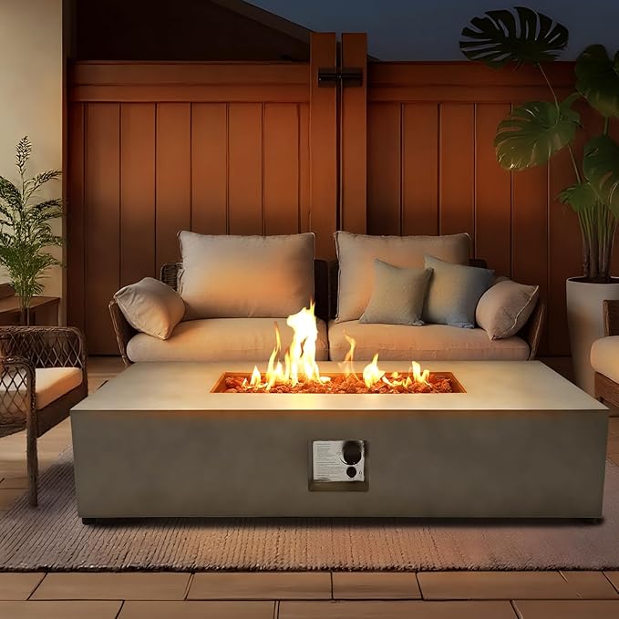 54" Outdoor Propane Fire Pit Table Set, 50,000 BTU Rectangle Concrete Gas Fire Pit Coffee Table W Auto-Ignition, Stainless Steel Burner, Lava Rocks, and Rain Cover for Patio, Backyard, Garden, Porch