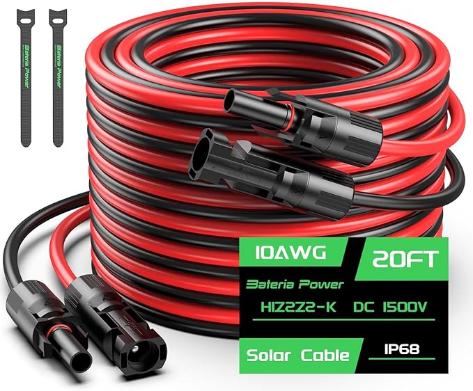 Bateria Power 20FT 10AWG Solar Panel Extension Cable, 6mm² Solar Extension Cable Wire with Female & Male Waterproof Connectors for RV, Photovoltaic Systems, Set of 2