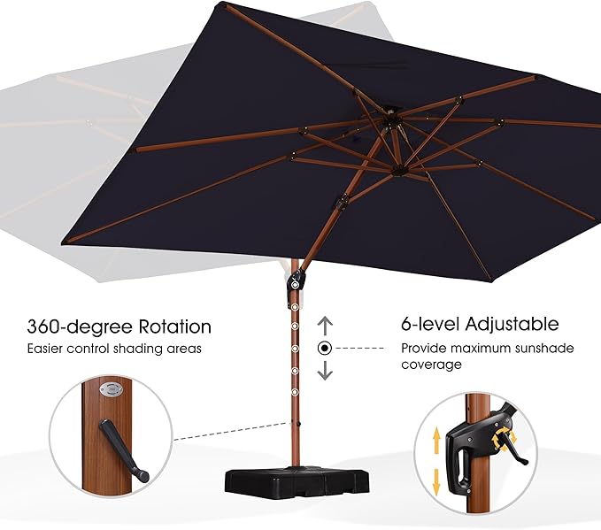 PURPLE LEAF 9' X 12' Double Top Deluxe Wood Pattern Rectangle Patio Umbrella with Base Offset Hanging Umbrella Outdoor Market Umbrella Garden Umbrella, Navy Blue