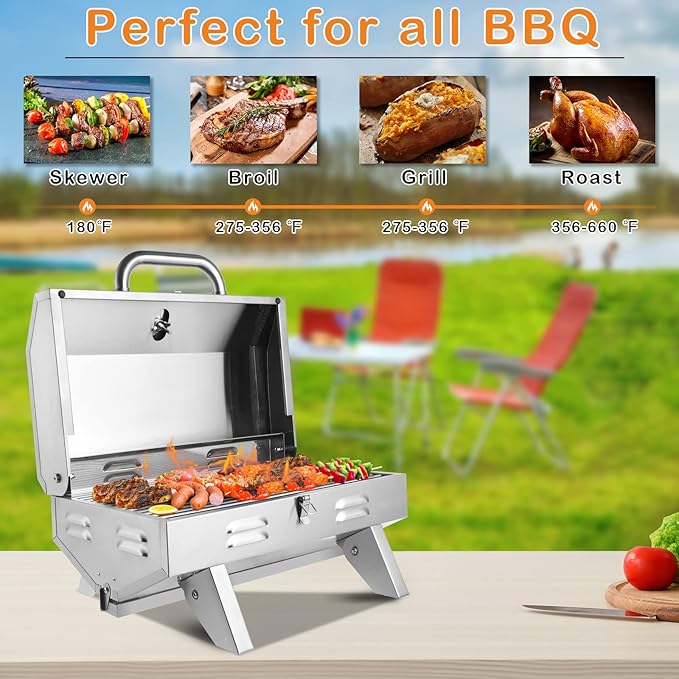 ROVSUN 12000BTU Portable Gas Grill, Outdoor Tabletop Propane Grill with Built-in Thermometer, Press Ignition & Full Stainless Steel Body for Patio Garden Backyard Camping BBQ Picnic