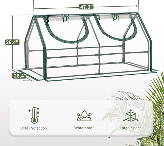Portable Mini Greenhouse, 47.3"x26.4"x26.4" Greenhouses for Outdoors with Dual Large Zipper Doors & Ground Stakes, Waterproof Plastic Green House for Outside Garden Patio Backyard