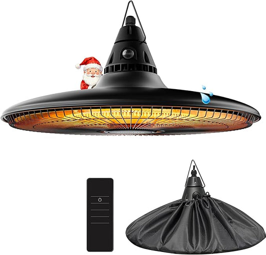 Ceiling Electric Outdoor Heater Wall-Mounted Hanging Patio 1500W Infrared 9 Heat Levels, 24H Timers, Carbon Fiber Tube Heating Wall Heater for Gazebo, Balcony (Black - Circular Heating)