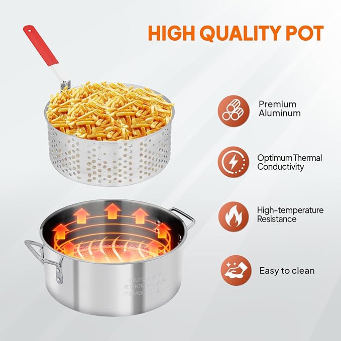 ROVSUN 10Qt Aluminum Fish Fryer Pot with Strainer Basket, Outdoor Fryer with 55,000 BTU Propane Gas Burner, Thermometer & Lid for Fish, Chicken Wings, Seafood Frying & Backyard Cooking