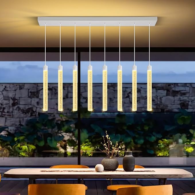 8-Lights Silver Modern Crystal Chandeliers for Dining Room Dimmable LED Adjustable Height Hanging Pendant Light for Kitchen Island,Bedroom,Over Table,Living Room