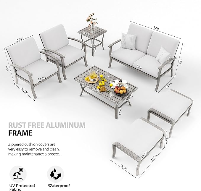 HAPPATIO 7 Piece Aluminum Patio Furniture Set, Outdoor Armchairs with Ottomans and Loveseat, Outdoor Sectional Sofa with Side Table and Coffee Table, Garden Conversation Set for Lawn(Gray)