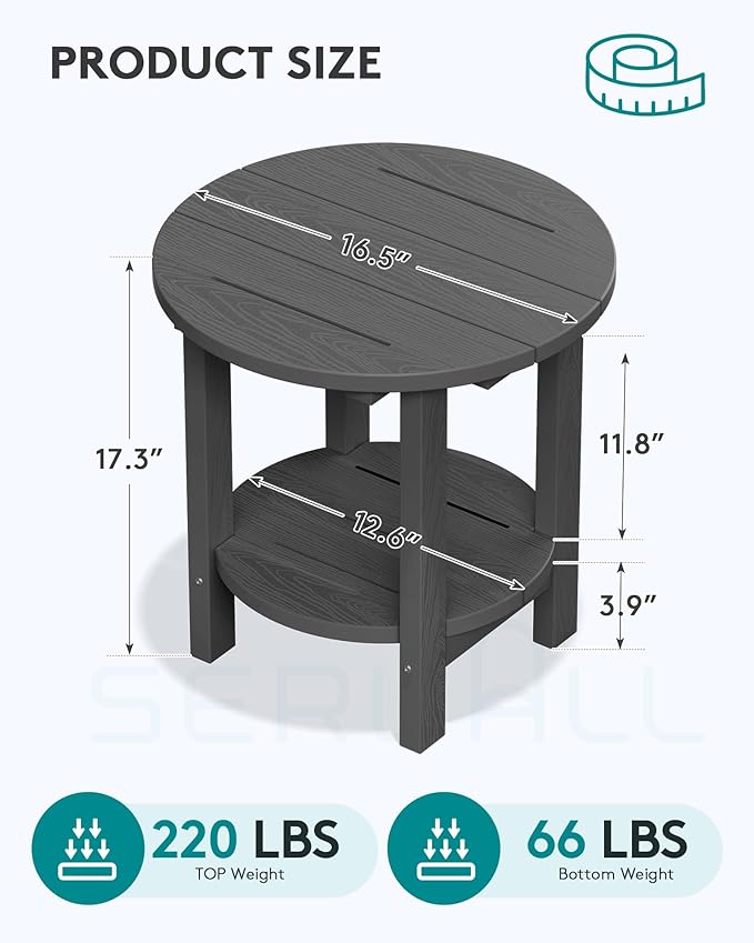 SERWALL Round Outdoor Side Table Set of 4, HDPE Small Adirondack Double End Table, Gary