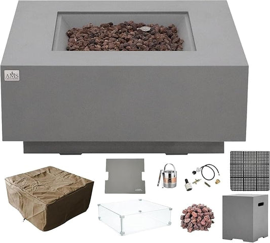 AMS Creations | Brooklyn 40" Bundle Square Propane Gas Outdoor Fire Pit Table | Light Gray Concrete GFRC Smooth Texture Surface Fire Pit Table