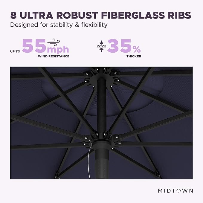 Midtown Umbrellas Push Pop Sunbrella Umbrella 10 Feet Large Outdoor Umbrella With Canvas Navy Fabric - Deck Patio Umbrella, Backyard Umbrella, Garden Umbrella & Pool Umbrella - Black Pole