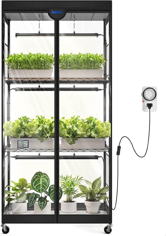 Barrina LP750 Indoor Greenhouse with Grow Light, 105W TX-S35 Full Spectrum Grow Lights, 2FT, 5000K, 4-Tier Plant Shelf with Tent, Timer & Thermometer for Seed Trays, Growth, 29.5 x 13.8 x 59.1IN