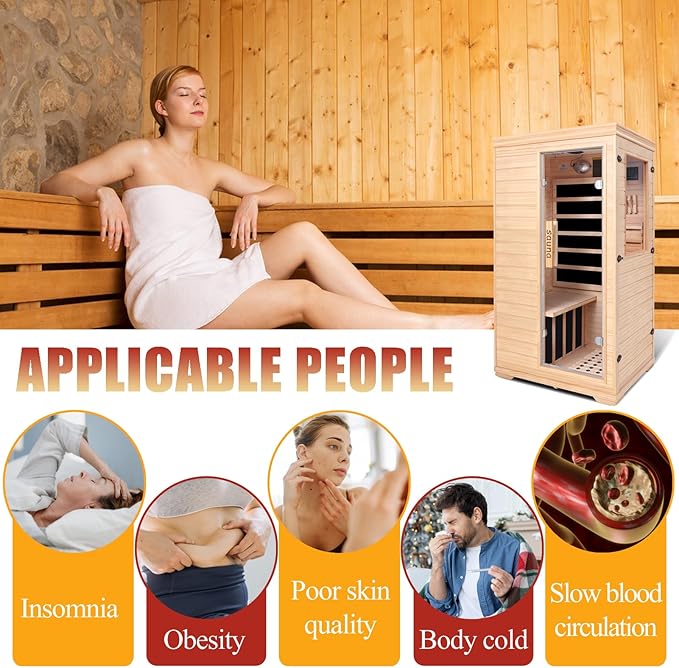 Far Infrared Sauna for 1 Person, Indoor Low EMF Infrared Wooden Dry Sauna for Home with 5 Low EMF Heating Panels, Side-Opening Door, Digital Control, Bluetooth Speakers, Home Spa Therapy