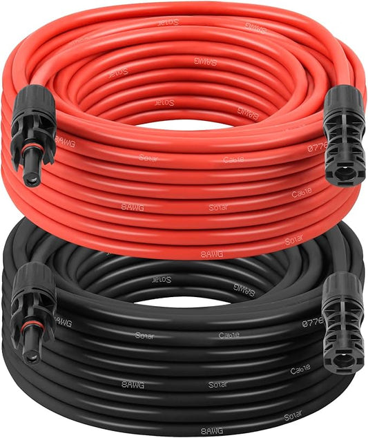Solar Extension Cable 8AWG 25FT 2-Pack (Red + Black), PV Wire with Male/Female Solar Connectors, Weatherproof Solar Panel Wire for RV, Boat, Inverter, Off-Grid Systems
