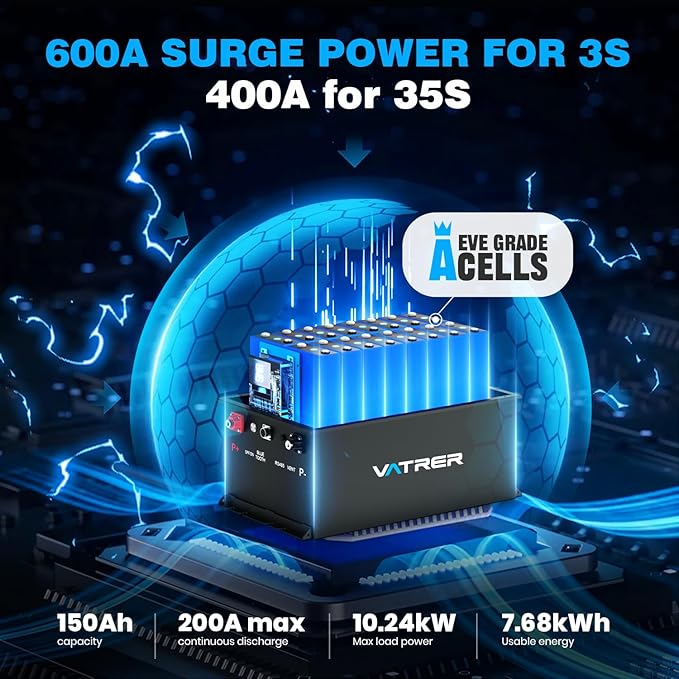 VATRER POWER 48V 150Ah Lithium Golf Cart Battery, Built-in Smart 200A BMS, with Touch Monitor & Mobile APP, 4000+ Cycles Rechargeable LiFePO4 Battery, Max 10.24kW Power Output, Perfect for Golf Carts