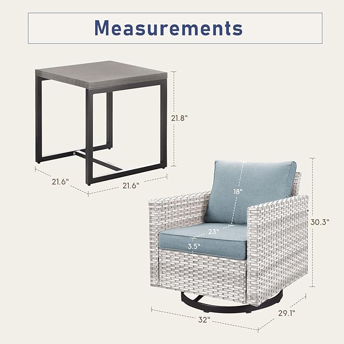 Outdoor Swivel Rocker Chairs, Patio Swivel Chair Set, Wicker Swivel Patio Chairs Set of 2 with One Side Table, Light Grey/Light Blue