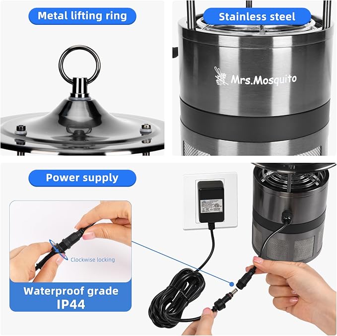 Outdoor Mosquito Trap – Premium Stainless Steel Insect Killer with UV Light & Octenol Lure, Rainproof, Ultra-Quiet, 15,000-Hour Lamp Life, Safe for Family & Pets