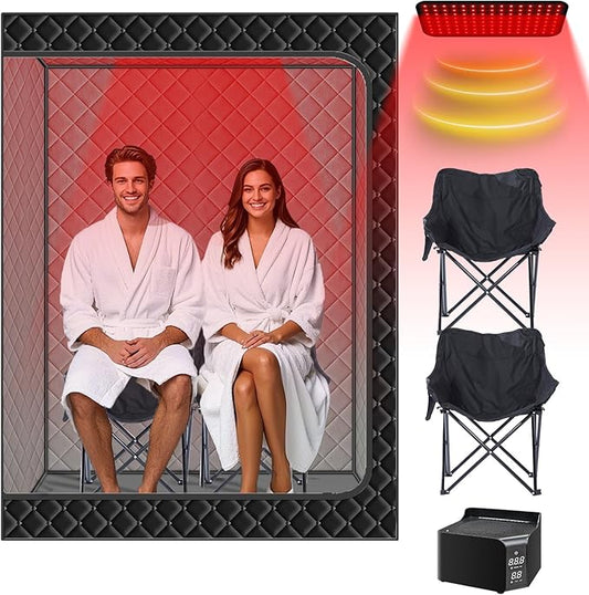 Smartmak 2 Person Portable Sauna Box with Infrared 660nm Red Light Therapy Lamp for Home Relaxation, Large Full Body Sauna Tent, 1500W High Power Hot Air Heating Saunas Spa Pod, 2 Folding Chairs