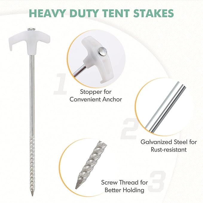 EAGLE PEAK Heavy Duty Galvanized Non-Rust Camping Tent Stakes with 4x10ft Ropes, Steel Stake Pegs for Canopy Gazebo,10pc-Pack, Fluorescent White