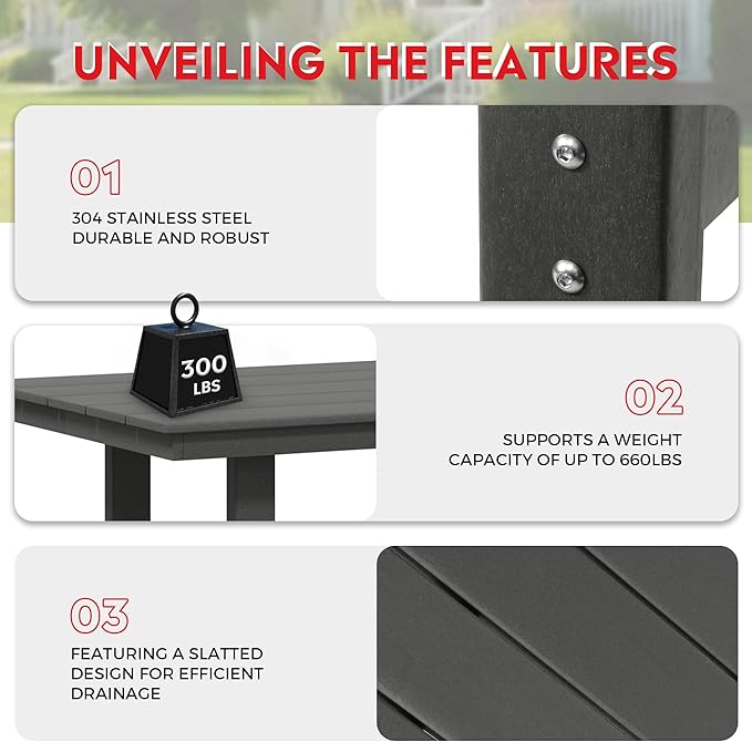 Costaelm Outdoor Patio Table, Outdoor Dining Table for 6, Weather Resistant Rectangle Patio Table with Umbrella Hole for Outside, Garden, Poolside, Porch, Gray