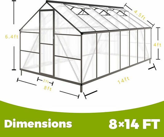 8 x 14 FT Aluminum Large Walk-in Greenhouse for Outdoors, Gray Polycarbonate Garden