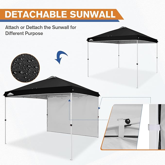 EAGLE PEAK Pop Up Canopy Tent with 1 Sidewall, Easy Setup Event Tent, Outdoor Sun Shade, Wheeled Carry Bag, Stakes and Guy Ropes, Instant Canopy 10x10, Black