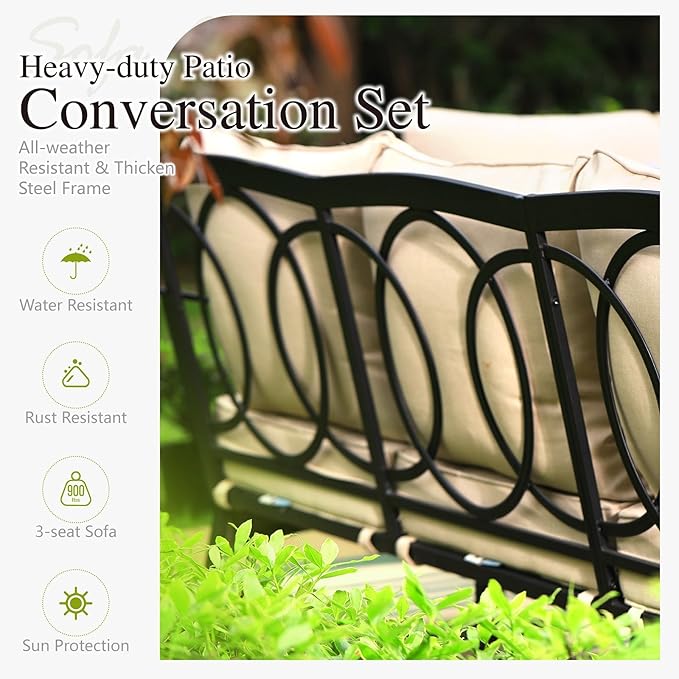 Sophia & William Patio Furniture Set, Outdoor Metal Conversation Set 7 Seats with 3-Seater Sofa, 2 Swivel Chairs, 2 Ottoman, 1 Coffee Table for Seating Lawn Porch Backyard,Beige