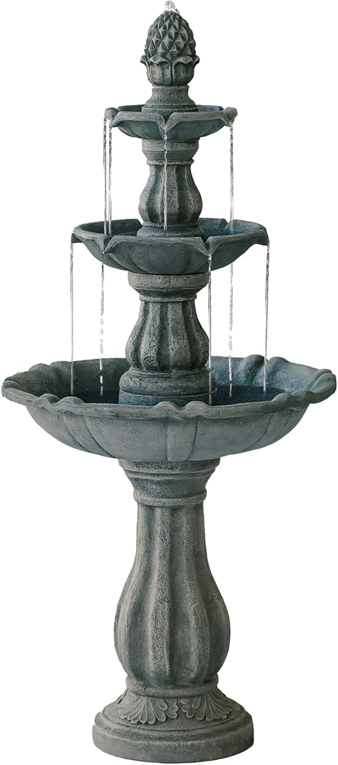 XBrand Outdoor Water Fountain 51 inch 3-Tier Garden Fountain with Pump, Weather Resistant Resin Patio & Yard Waterfall Feature - Grey
