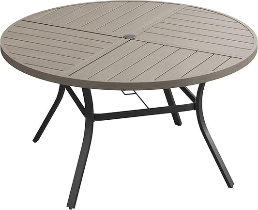 VICLLAX Round Patio Dining Table, 6 Person Metal Outdoor Dining Table with Umbrella Hole and Storage Shelf for Garden Lawn Deck, 50" Grey